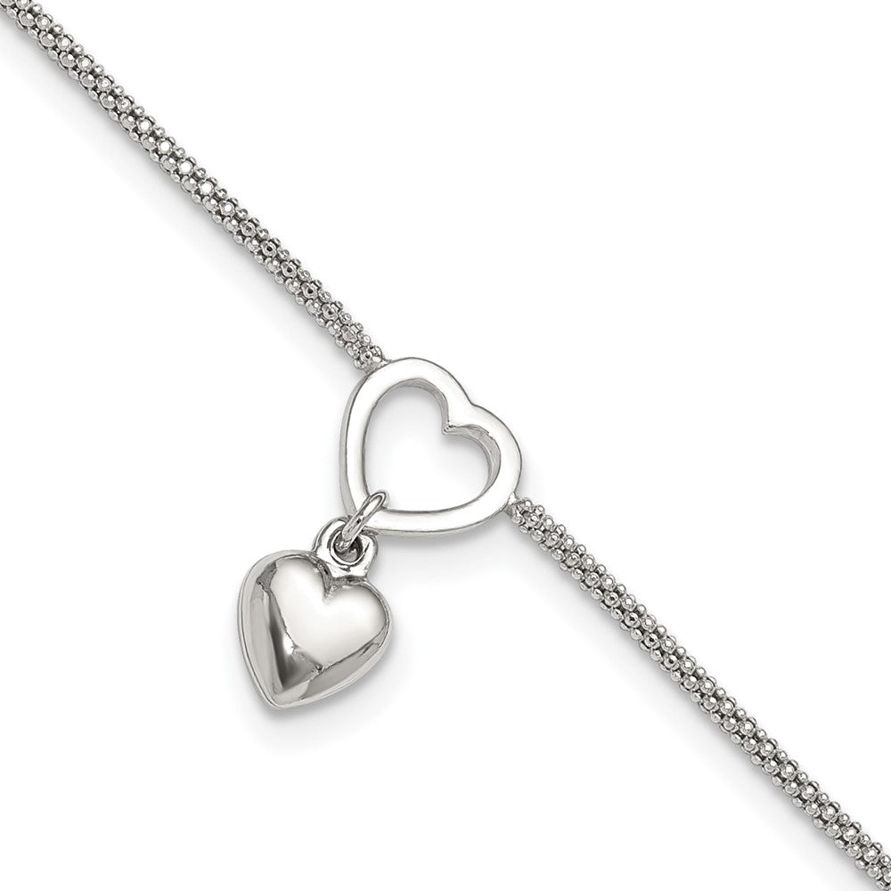 Sterlingsilber Rhodiniert Herz Hängend Charm 9 Zoll mit 1 Zoll Verlängerung Fußkettchen