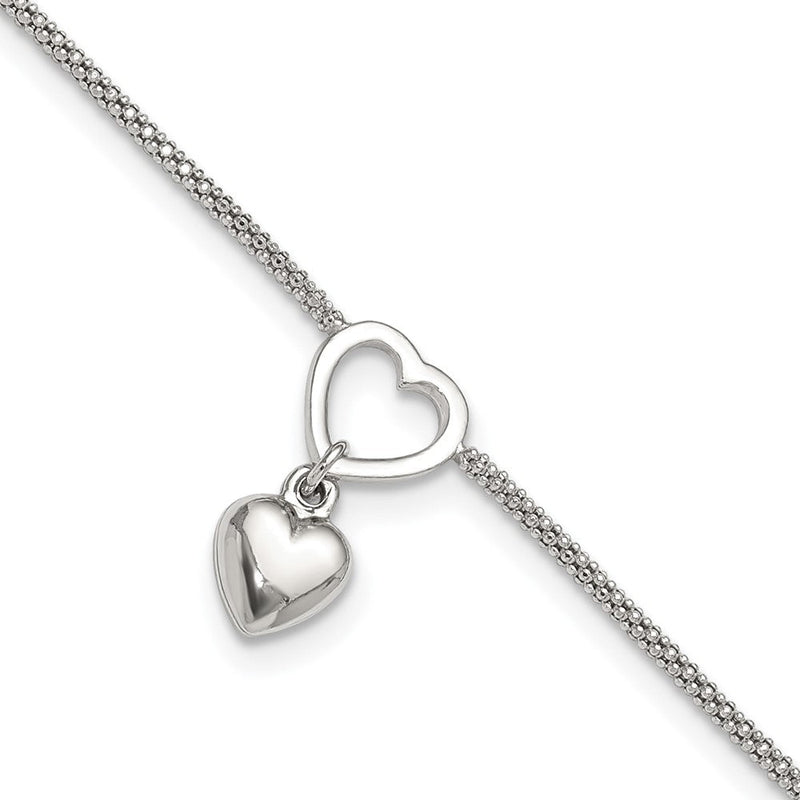 Sterlingsilber Rhodiniert Herz Hängend Charm 9 Zoll mit 1 Zoll Verlängerung Fußkettchen
