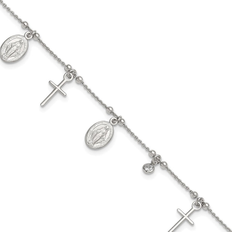 Sterlingsilber Rhodiniert Zirkonia Kreuz und Mary Charm 9 Zoll mit 1 Zoll Verlängerung Fußkettchen