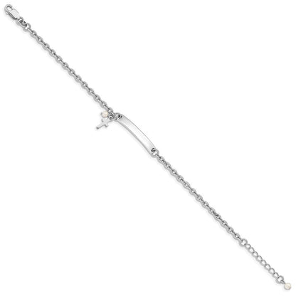 6 Zoll Sterlingsilber Rhodiniert Kreuz Syn Perle 6 Zoll Plus1in Verlängerung. Id Armband