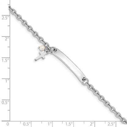6 Zoll Sterlingsilber Rhodiniert Kreuz Syn Perle 6 Zoll Plus1in Verlängerung. Id Armband
