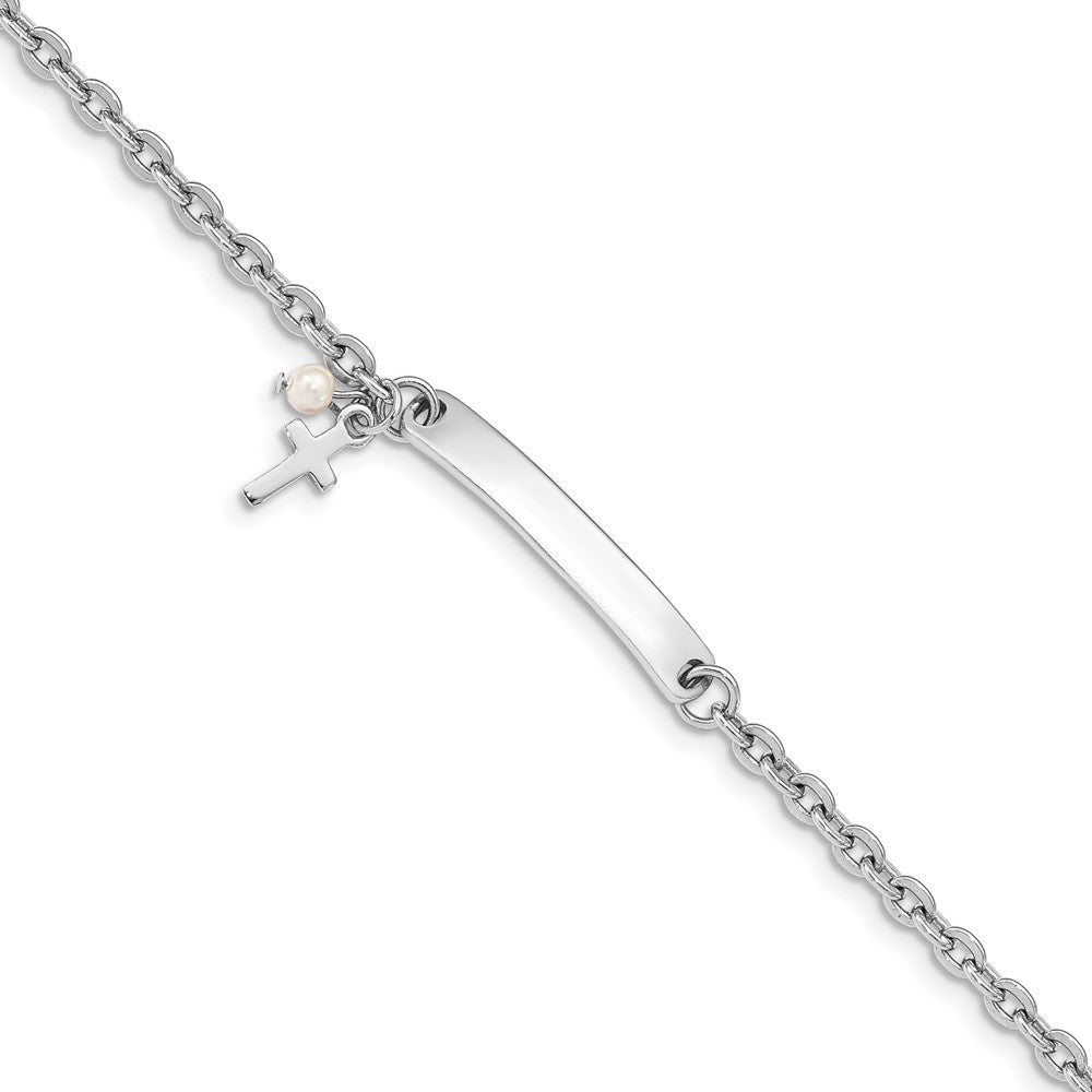6 Zoll Sterlingsilber Rhodiniert Kreuz Syn Perle 6 Zoll Plus1in Verlängerung. Id Armband