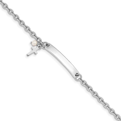6 Zoll Sterlingsilber Rhodiniert Kreuz Syn Perle 6 Zoll Plus1in Verlängerung. Id Armband