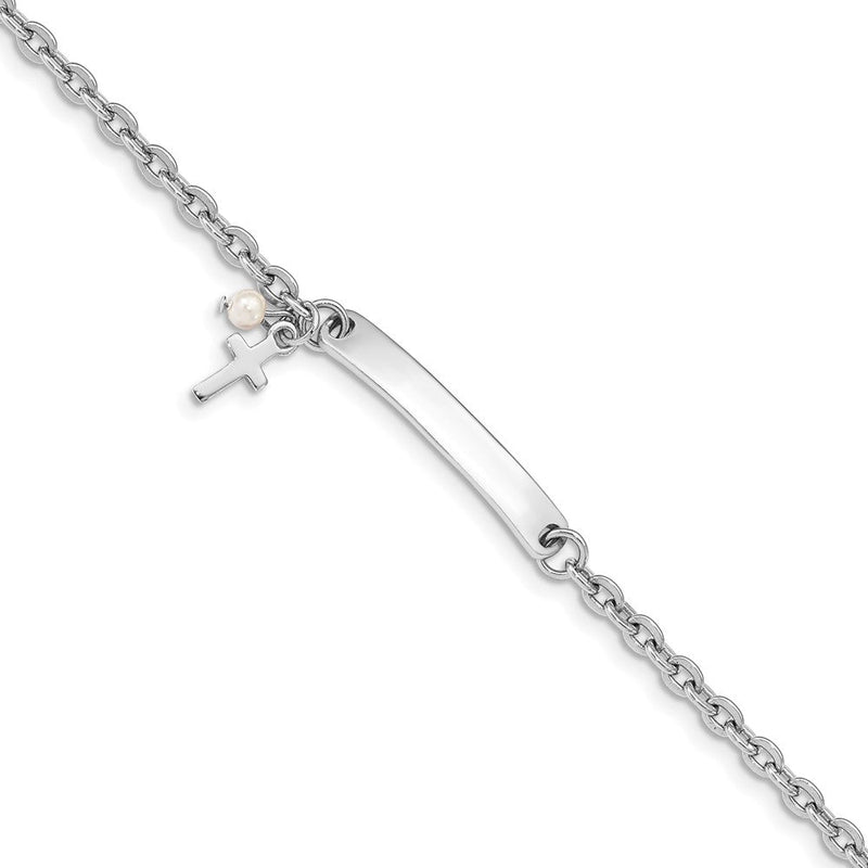 6 Zoll Sterlingsilber Rhodiniert Kreuz Syn Perle 6 Zoll Plus1in Verlängerung. Id Armband