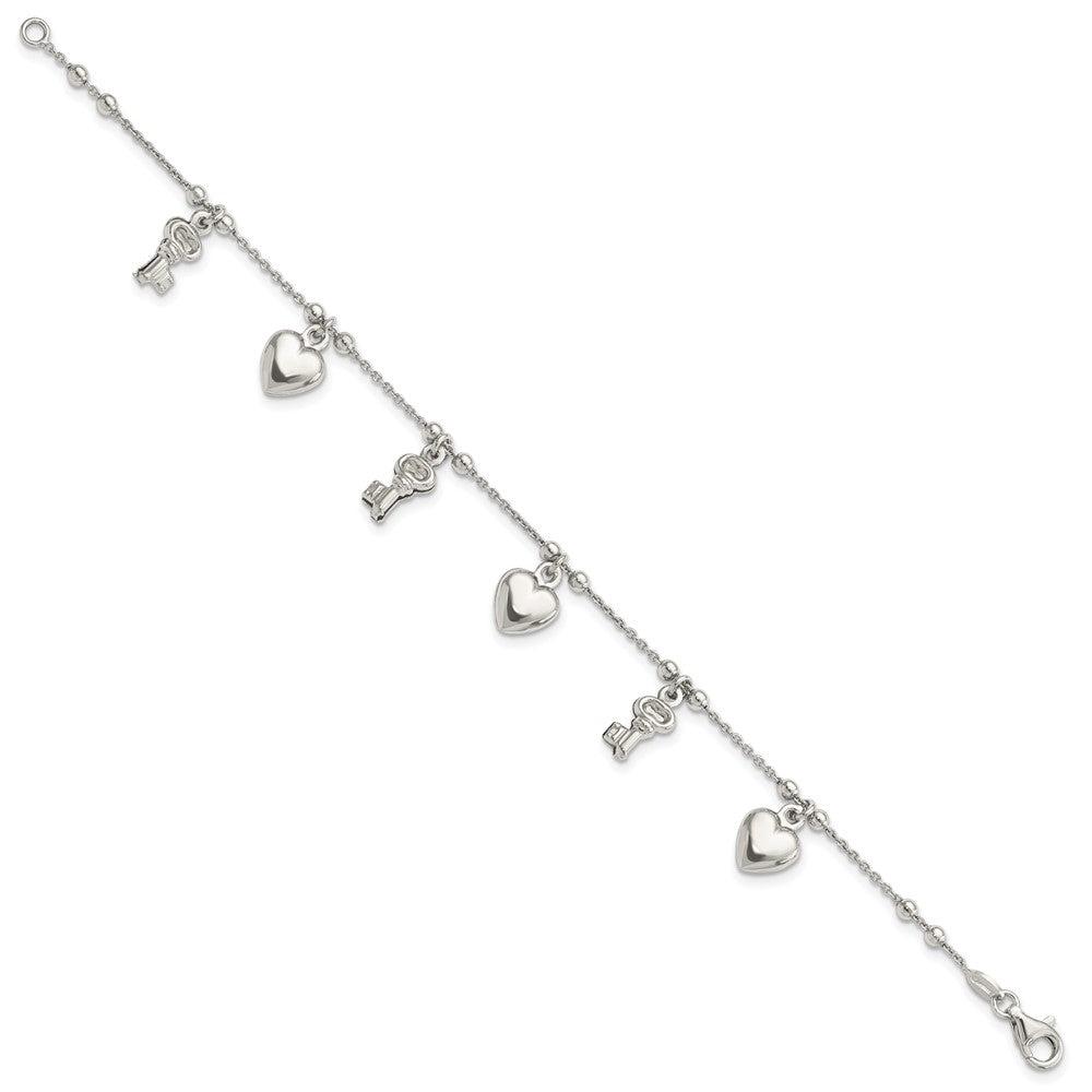 6.75 Zoll Sterlingsilber Rhodiniert Herz und Key Hängend 6.75 Zoll Armband
