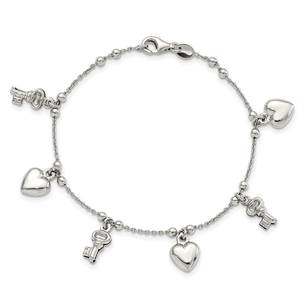 6.75 Zoll Sterlingsilber Rhodiniert Herz und Key Hängend 6.75 Zoll Armband