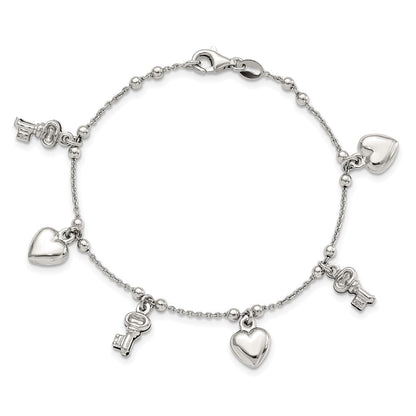 6.75 Zoll Sterlingsilber Rhodiniert Herz und Key Hängend 6.75 Zoll Armband