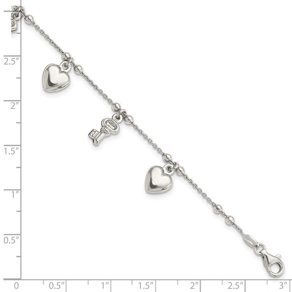 6.75 Zoll Sterlingsilber Rhodiniert Herz und Key Hängend 6.75 Zoll Armband