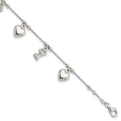 6.75 Zoll Sterlingsilber Rhodiniert Herz und Key Hängend 6.75 Zoll Armband