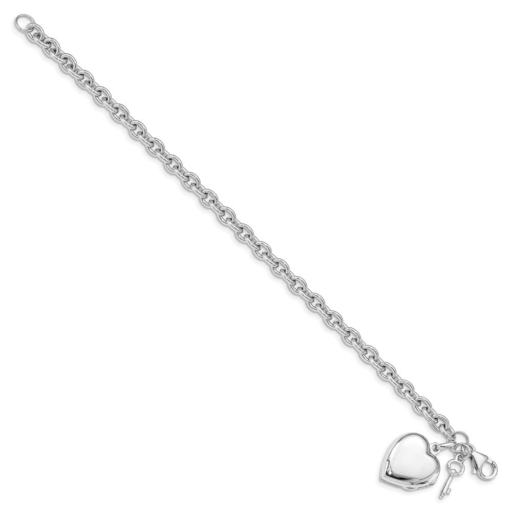 7.25 Zoll Sterlingsilber Rhodiniert Gewölbt Herz Medaillon & Key Armband