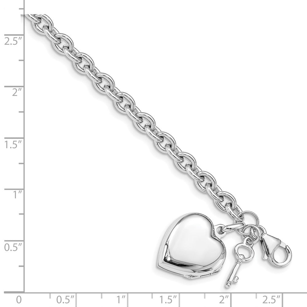 7.25 Zoll Sterlingsilber Rhodiniert Gewölbt Herz Medaillon & Key Armband