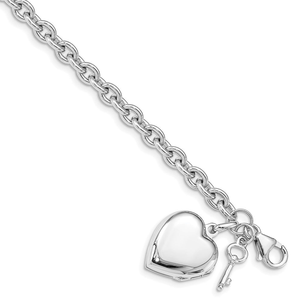 7.25 Zoll Sterlingsilber Rhodiniert Gewölbt Herz Medaillon & Key Armband