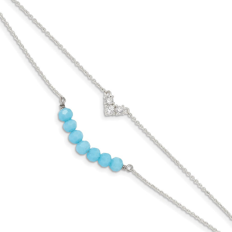 6 Zoll Sterlingsilber Zirkonia und Blau Glas Perlen mit 1 Zoll Verlängerung. Armband