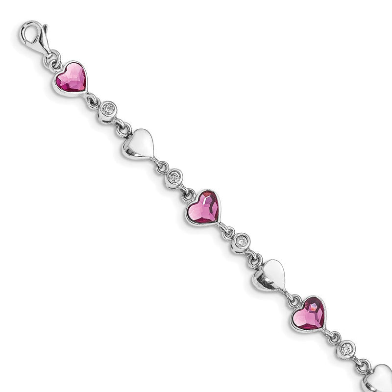 Sterlingsilber Rhodiniert Klar Crystals Rosa Herz und Poliert Herzen 6.5 Zoll Armband mit 1 Verlängerung