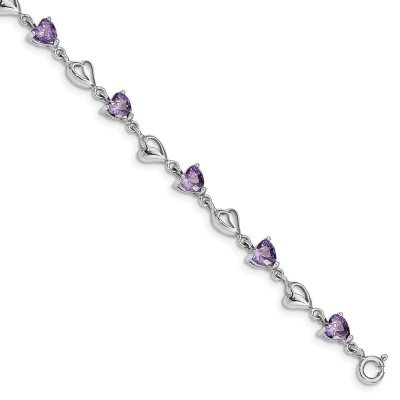 6.5 Zoll Sterlingsilber Rhodiniert mit 1 Zoll Verlängerung Lila Kristall Herzen Armband
