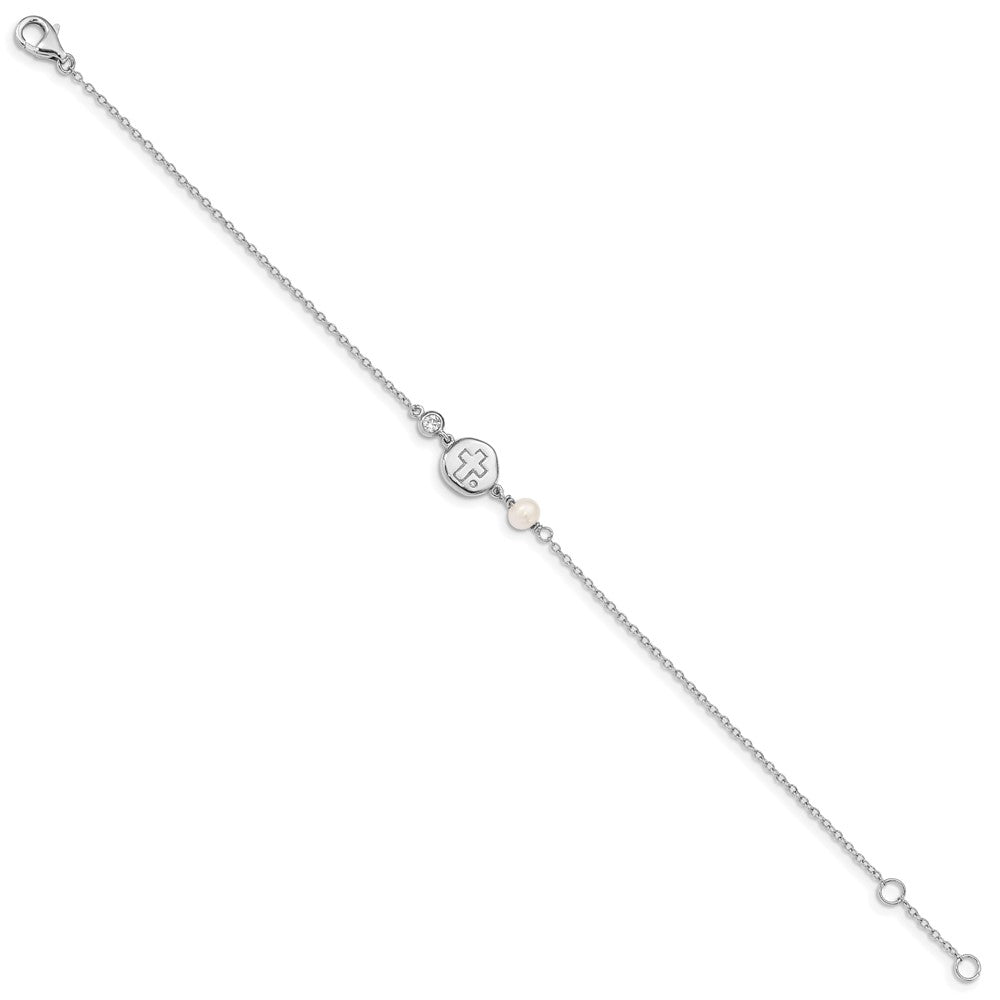 6.75 Zoll Sterlingsilber Rhodiniert Zirkonia/cross/fwc Perle mit 0.5 Zoll Verlängerung Armband