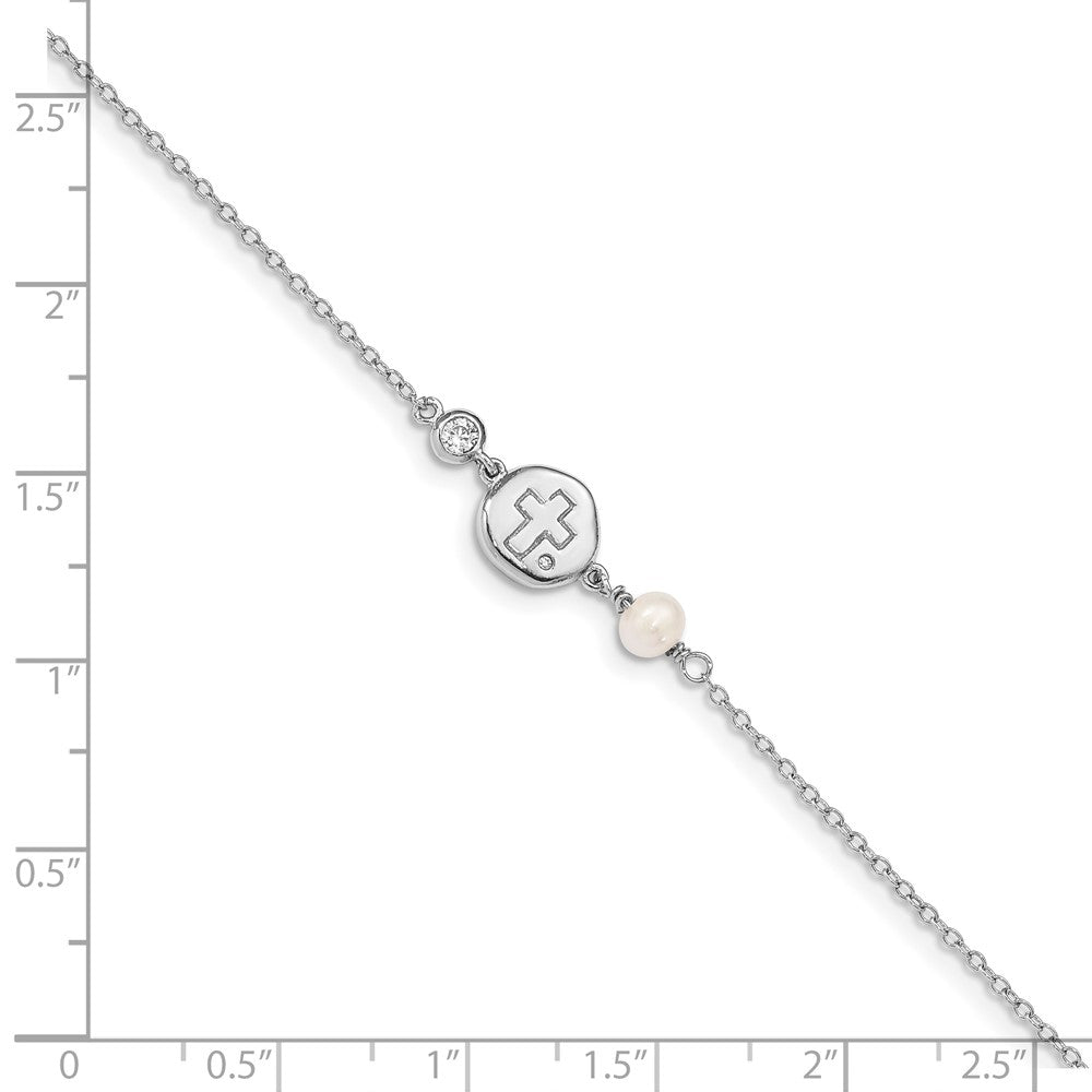 6.75 Zoll Sterlingsilber Rhodiniert Zirkonia/cross/fwc Perle mit 0.5 Zoll Verlängerung Armband