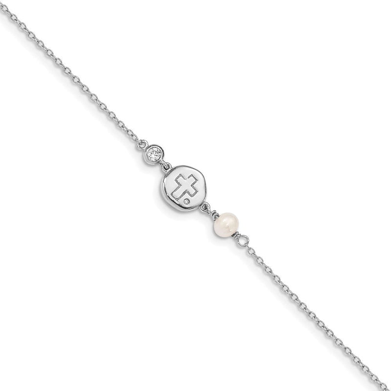 6.75 Zoll Sterlingsilber Rhodiniert Zirkonia/cross/fwc Perle mit 0.5 Zoll Verlängerung Armband