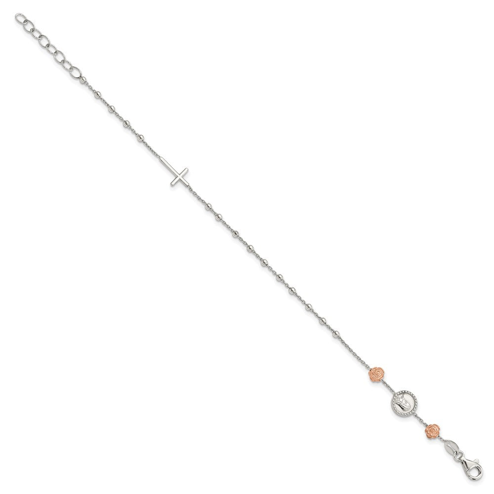 Sterlingsilber Gekugelt mit Roséfarben Roses Religious 7 Zoll Armband Mit1 Verlängerung