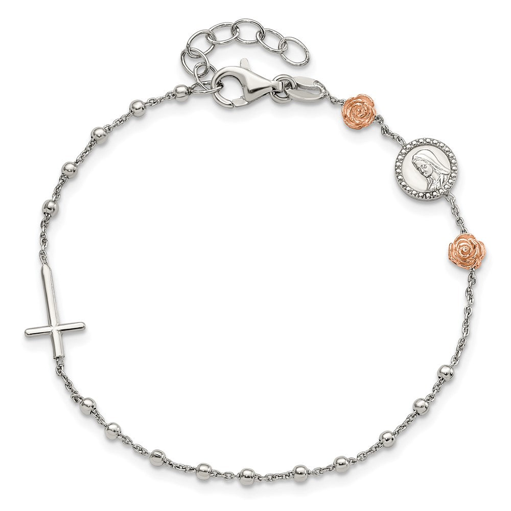 Sterlingsilber Gekugelt mit Roséfarben Roses Religious 7 Zoll Armband Mit1 Verlängerung