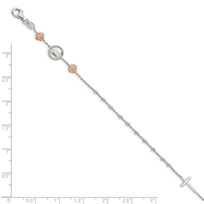 Sterlingsilber Gekugelt mit Roséfarben Roses Religious 7 Zoll Armband Mit1 Verlängerung