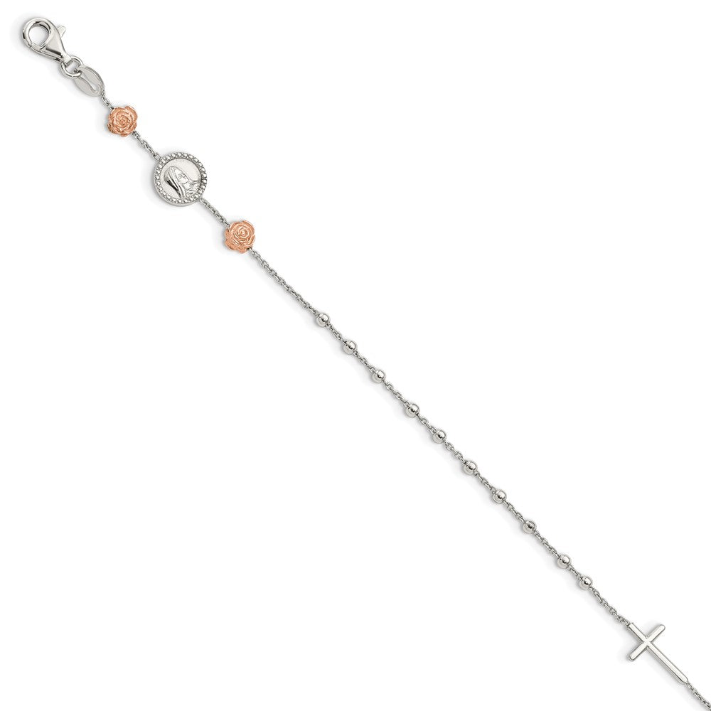 Sterlingsilber Gekugelt mit Roséfarben Roses Religious 7 Zoll Armband Mit1 Verlängerung