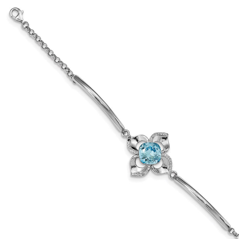 7 Zoll Sterlingsilber Rhodiniert Klar/blue Kristall Blume mit 1 Zoll Verlängerung Armband