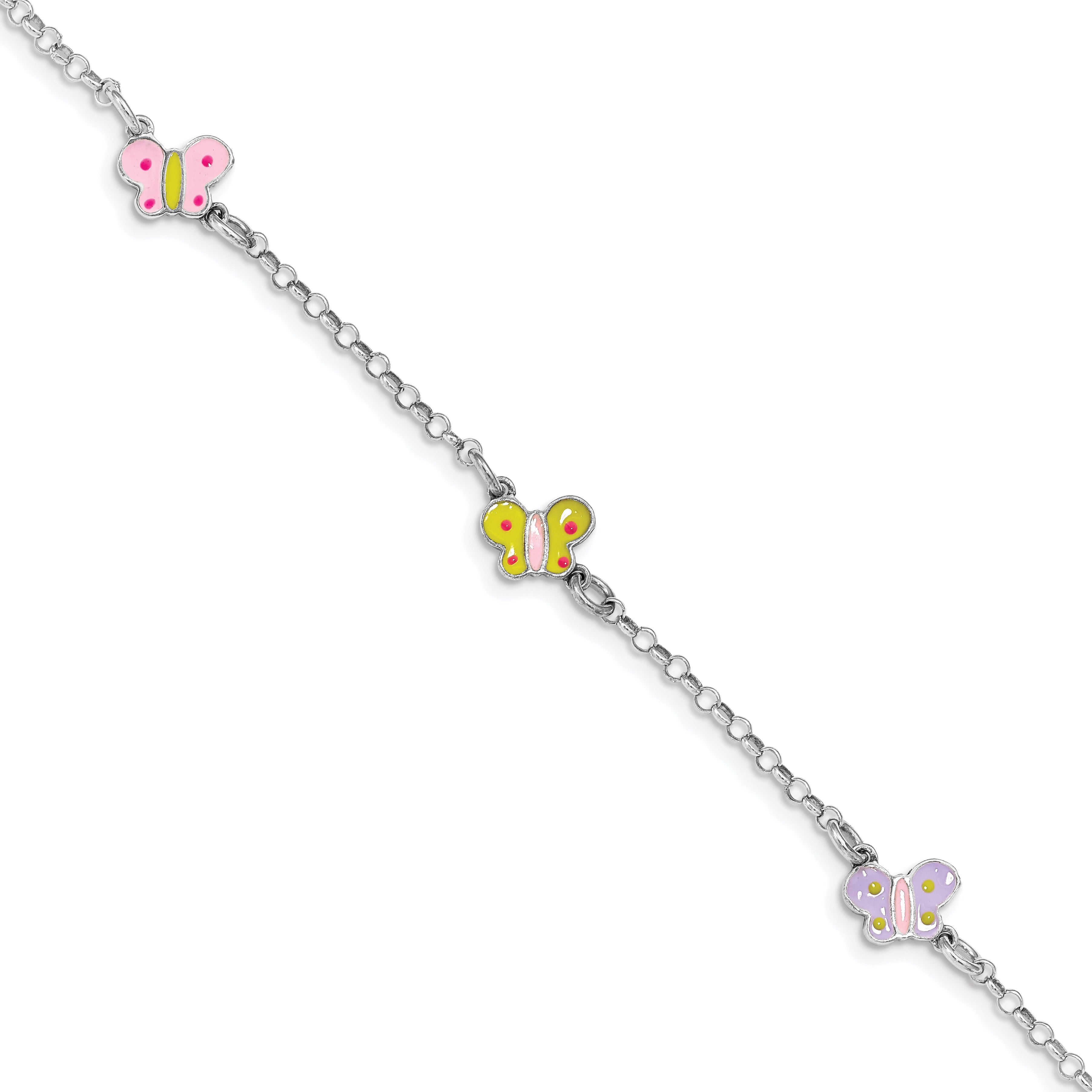 7 Zoll Sterlingsilber Rhodiniert Poliert Mehrfarbig Emailliert Butterflies Kinder Armband