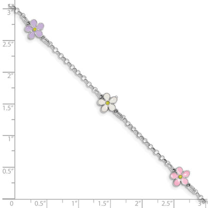 7 Zoll Sterlingsilber Rhodiniert Emailliert Blume Mit.75 Zoll Verlängerung. Kinder Armband