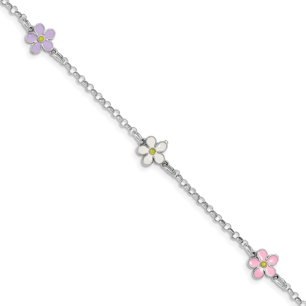 7 Zoll Sterlingsilber Rhodiniert Emailliert Blume Mit.75 Zoll Verlängerung. Kinder Armband