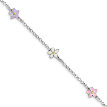 7 Zoll Sterlingsilber Rhodiniert Emailliert Blume Mit.75 Zoll Verlängerung. Kinder Armband
