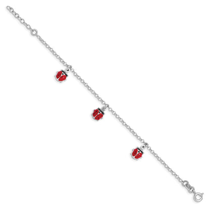 7 Zoll Sterlingsilber Rhodiniert Emailliert Ladybugs mit 1 Zoll Verlängerung. Kinder Armband