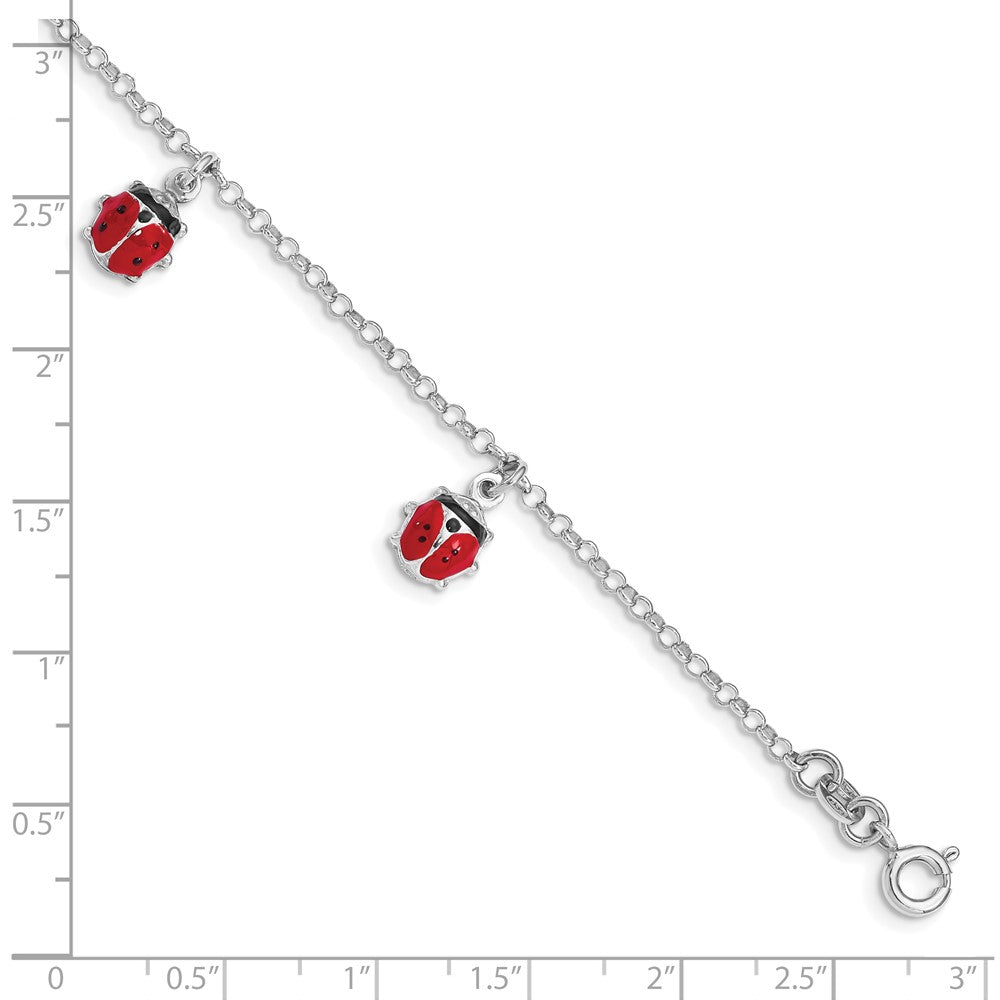 7 Zoll Sterlingsilber Rhodiniert Emailliert Ladybugs mit 1 Zoll Verlängerung. Kinder Armband
