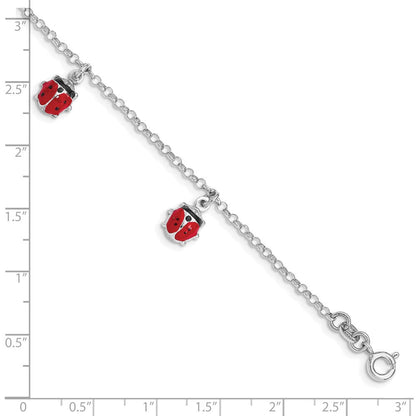 7 Zoll Sterlingsilber Rhodiniert Emailliert Ladybugs mit 1 Zoll Verlängerung. Kinder Armband