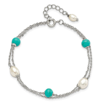 7 Zoll Sterlingsilber Rhodiniert Türkis/fwc Perle mit 1 Zoll Verlängerung Armband