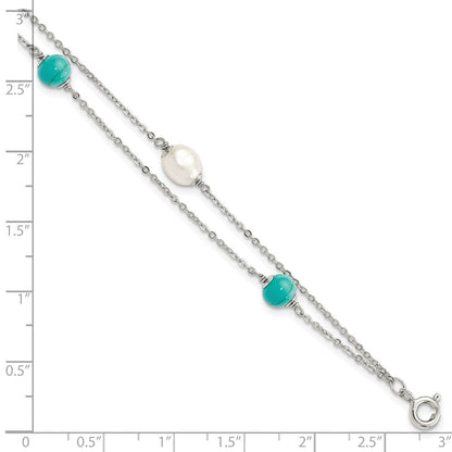 7 Zoll Sterlingsilber Rhodiniert Türkis/fwc Perle mit 1 Zoll Verlängerung Armband