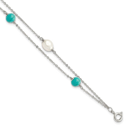 7 Zoll Sterlingsilber Rhodiniert Türkis/fwc Perle mit 1 Zoll Verlängerung Armband