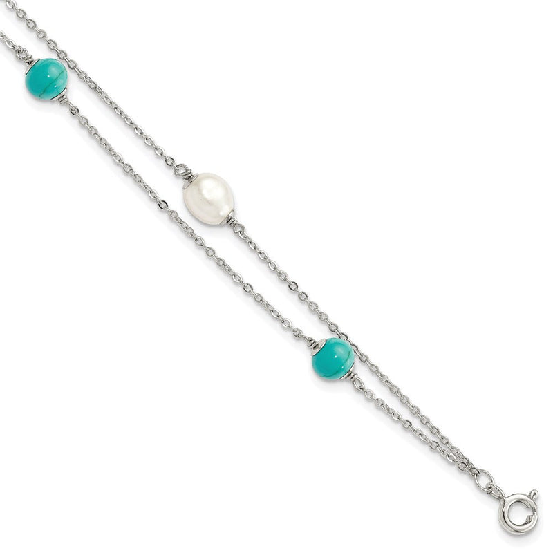 7 Zoll Sterlingsilber Rhodiniert Türkis/fwc Perle mit 1 Zoll Verlängerung Armband