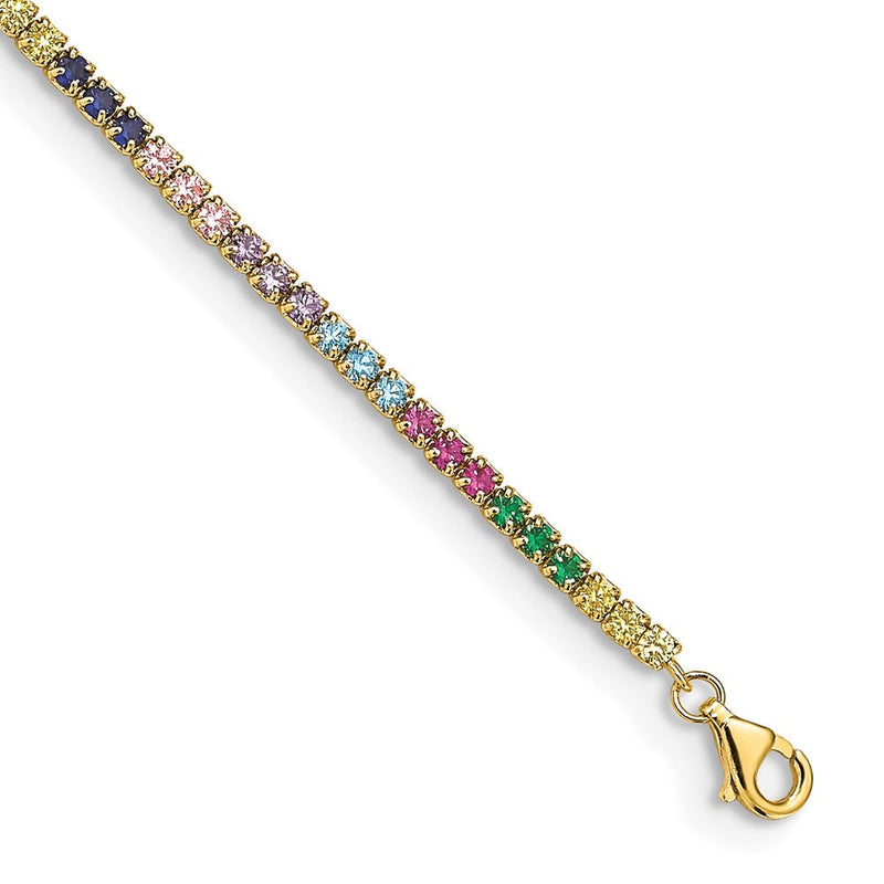 Sterlingsilber Prizma Goldfarben 14K Glanz Vergoldet 7 Zoll Bunt Zirkonia Armband mit 1 Verlängerung