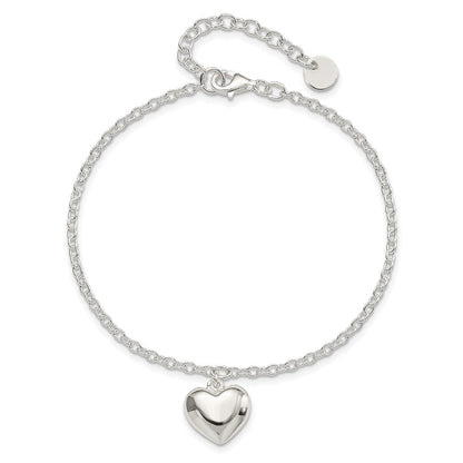 8 Zoll Sterlingsilber Gewölbt Herz mit 1.5 Zoll Verlängerung Armband