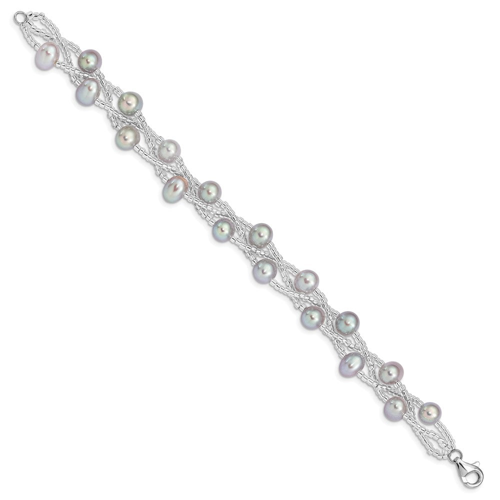 7.5 Zoll Sterlingsilber Rhd-plt 7-9mm Grau Fwc Perle Glas Perle Armband