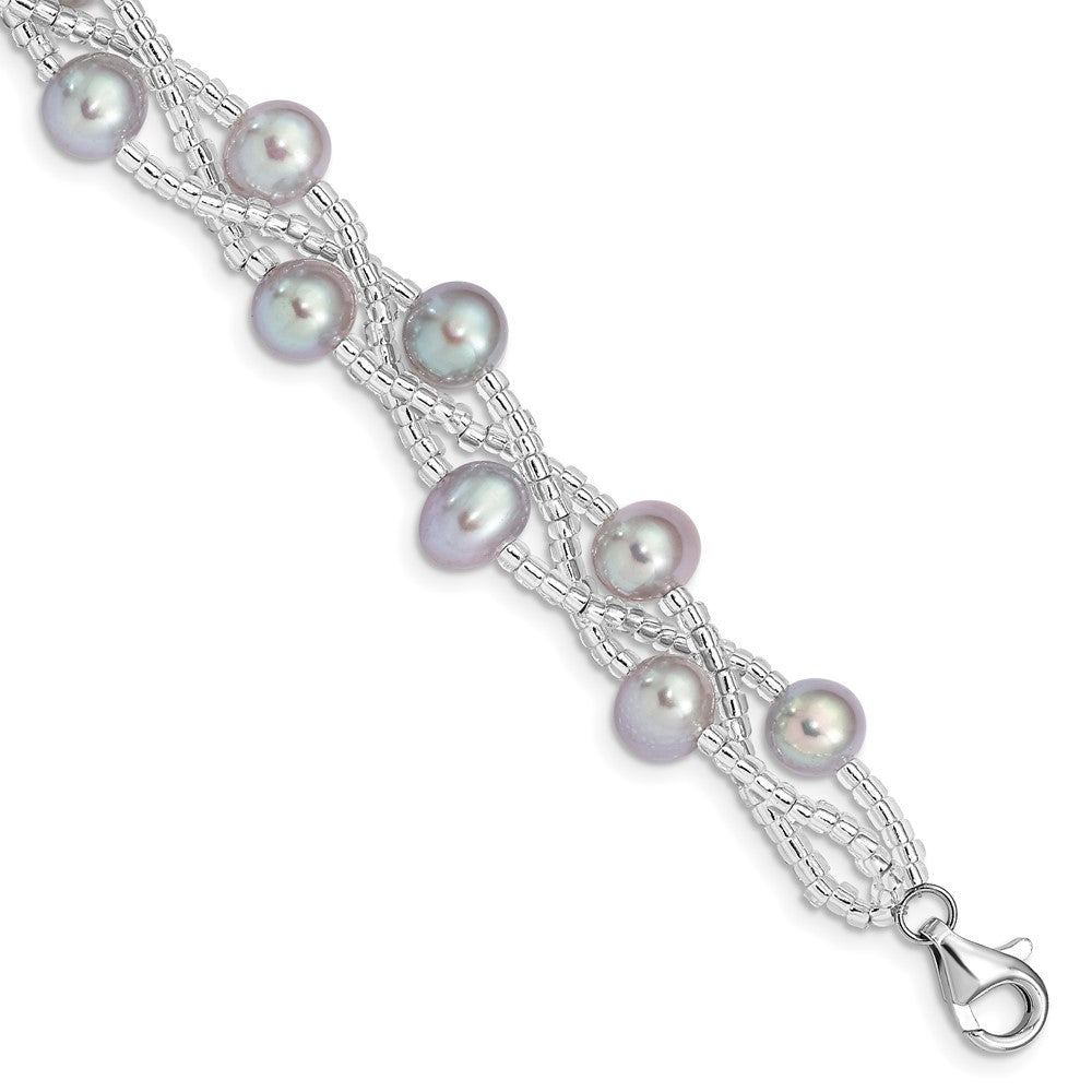 7.5 Zoll Sterlingsilber Rhd-plt 7-9mm Grau Fwc Perle Glas Perle Armband