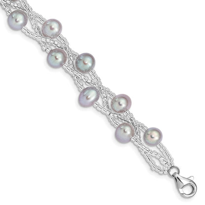 7.5 Zoll Sterlingsilber Rhd-plt 7-9mm Grau Fwc Perle Glas Perle Armband