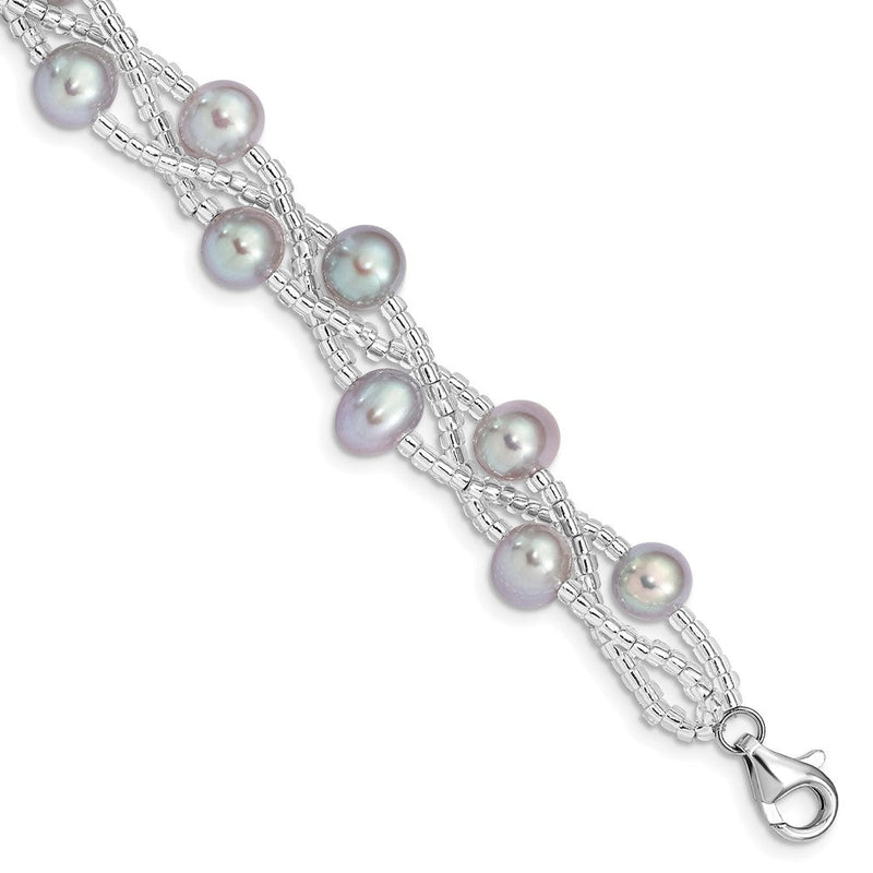 7.5 Zoll Sterlingsilber Rhd-plt 7-9mm Grau Fwc Perle Glas Perle Armband