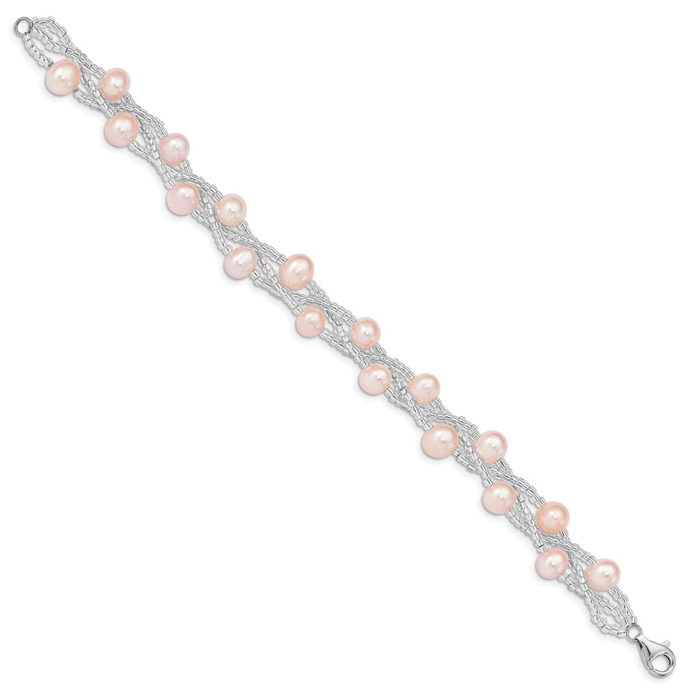 7.5 Zoll Sterlingsilber Rhd-plt 7-9mm Rosa Fwc Perle & Glas Gekugelt Armband