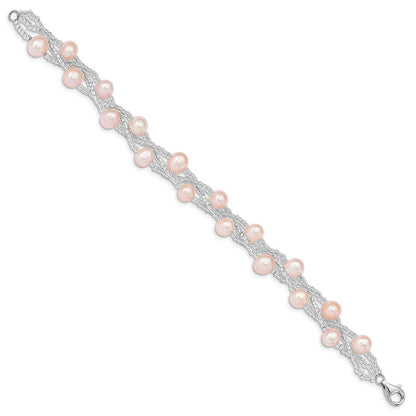 7.5 Zoll Sterlingsilber Rhd-plt 7-9mm Rosa Fwc Perle & Glas Gekugelt Armband