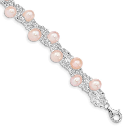 7.5 Zoll Sterlingsilber Rhd-plt 7-9mm Rosa Fwc Perle & Glas Gekugelt Armband