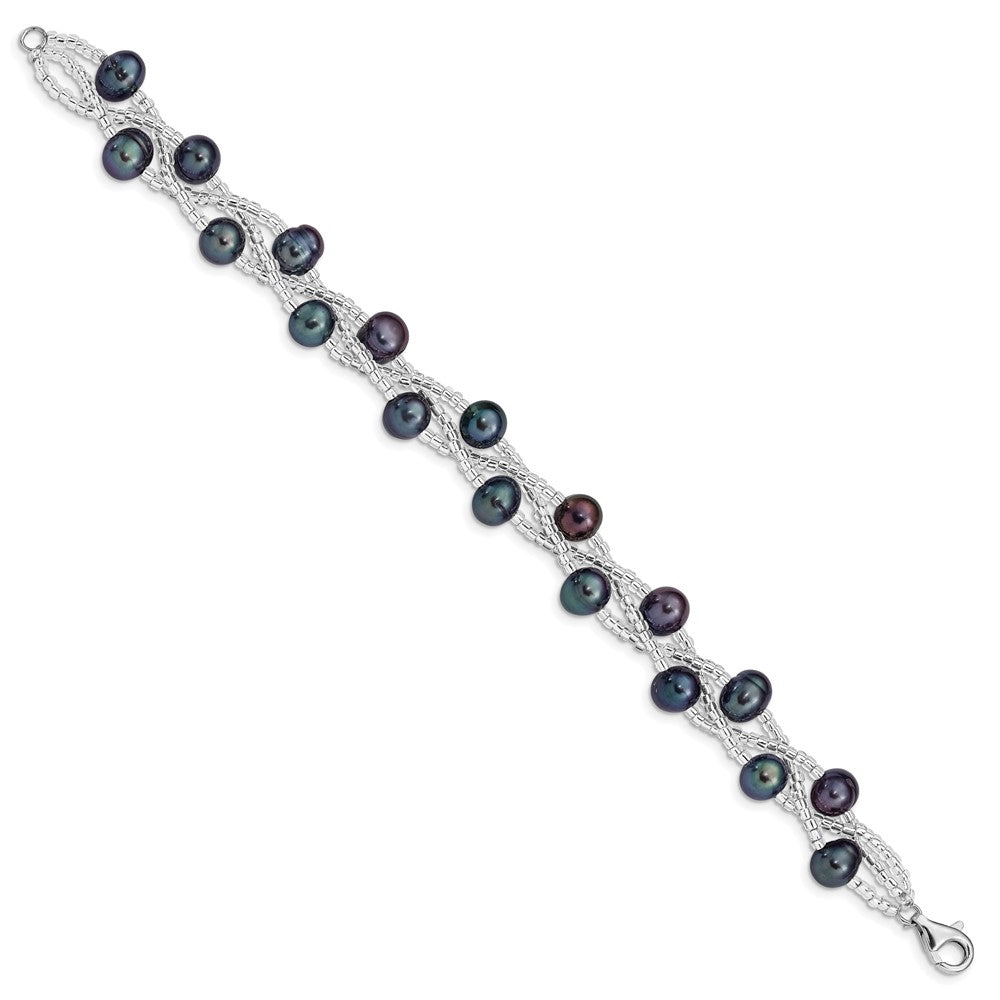 7.5 Zoll Sterlingsilber Rhd-plt 7-9mm Schwarz Fwc Perle & Glas Gekugelt Armband