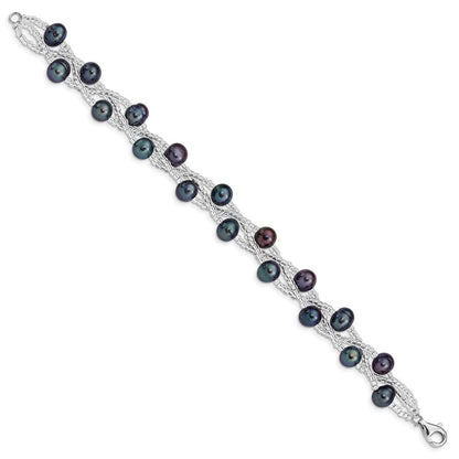 7.5 Zoll Sterlingsilber Rhd-plt 7-9mm Schwarz Fwc Perle & Glas Gekugelt Armband