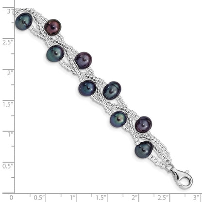 7.5 Zoll Sterlingsilber Rhd-plt 7-9mm Schwarz Fwc Perle & Glas Gekugelt Armband